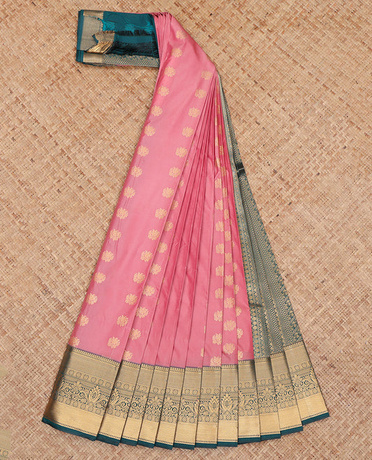 Pink Budget Silk Saree, Gleamed Up with Zari Buttas, Complemented by a Contrast Traditional Zari Rettai Pettu Border, Grand Pallu, and a Contrast Blouse