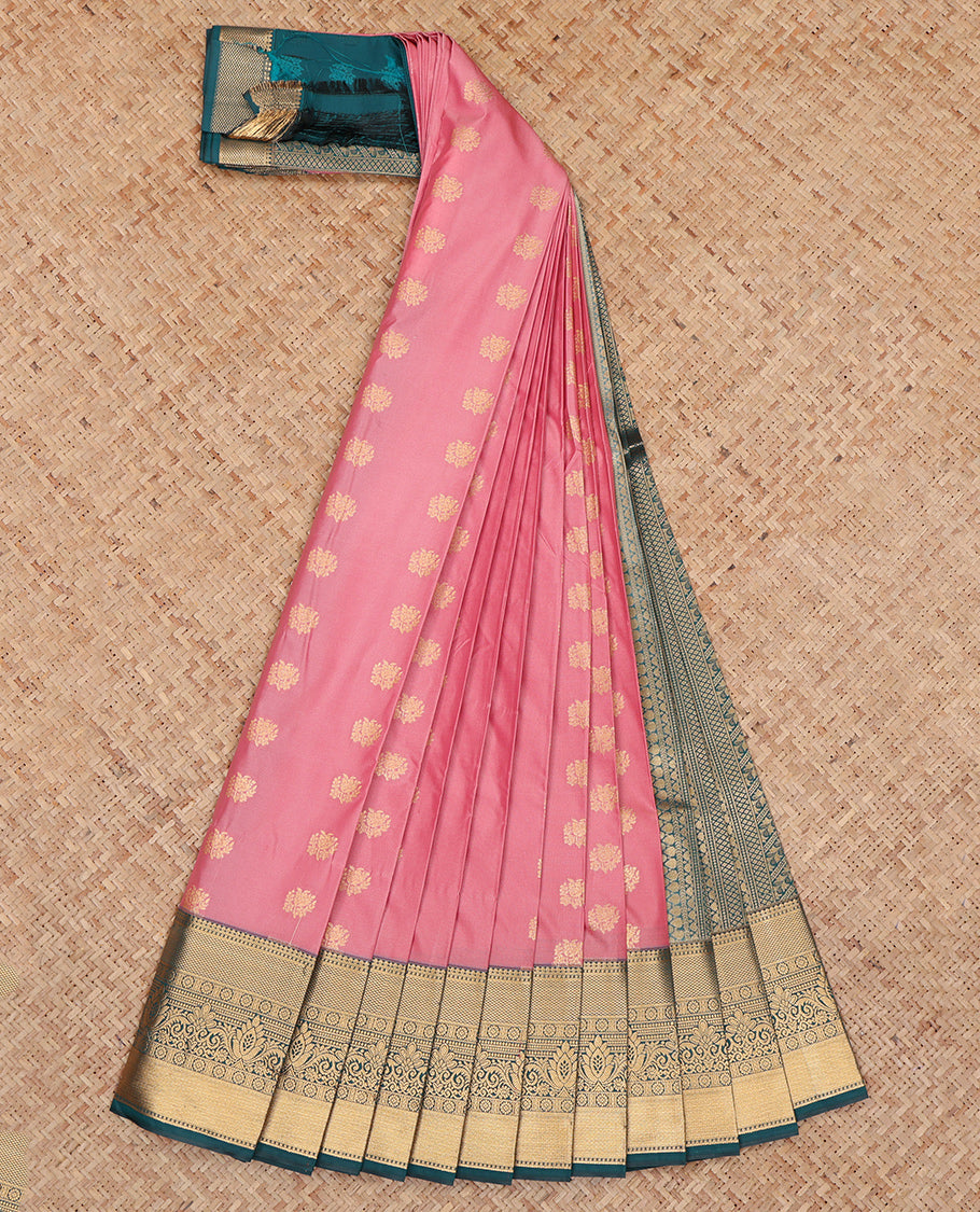 Pink Budget Silk Saree, Gleamed Up with Zari Buttas, Complemented by a Contrast Traditional Zari Rettai Pettu Border, Grand Pallu, and a Contrast Blouse