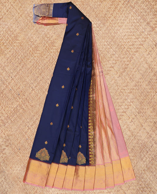 Blue Budget Silk Saree, Ornamented with Zari Buttas, a Contrast Traditional Zari Border, Grand Pallu, and a Contrast Blouse