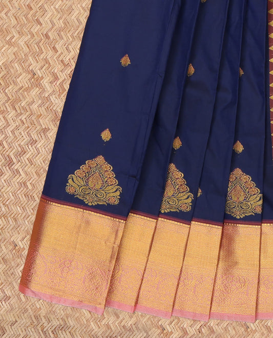 Blue Budget Silk Saree, Ornamented with Zari Buttas, a Contrast Traditional Zari Border, Grand Pallu, and a Contrast Blouse