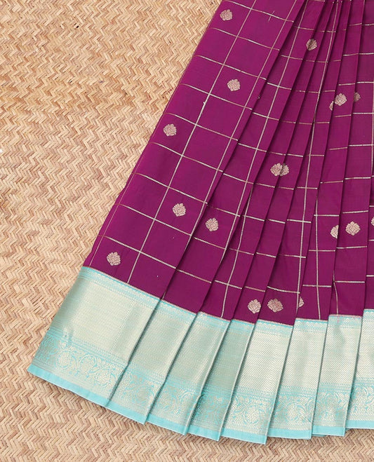 Purple Budget Silk Saree, Enthralled with Checks Enclosed Zari Buttas, Complemented by Contrast Traditional Zari Border, a Grand Jaal Pallu and a Contrast Blouse