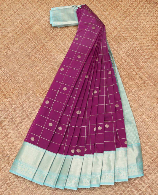 Purple Budget Silk Saree, Enthralled with Checks Enclosed Zari Buttas, Complemented by Contrast Traditional Zari Border, a Grand Jaal Pallu and a Contrast Blouse