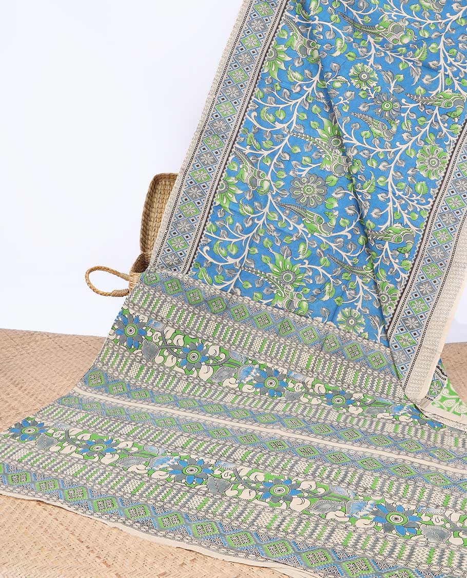 Blue floral & bird machine-printed kalamkari cotton saree, contrast diamond border & floral motif pallu