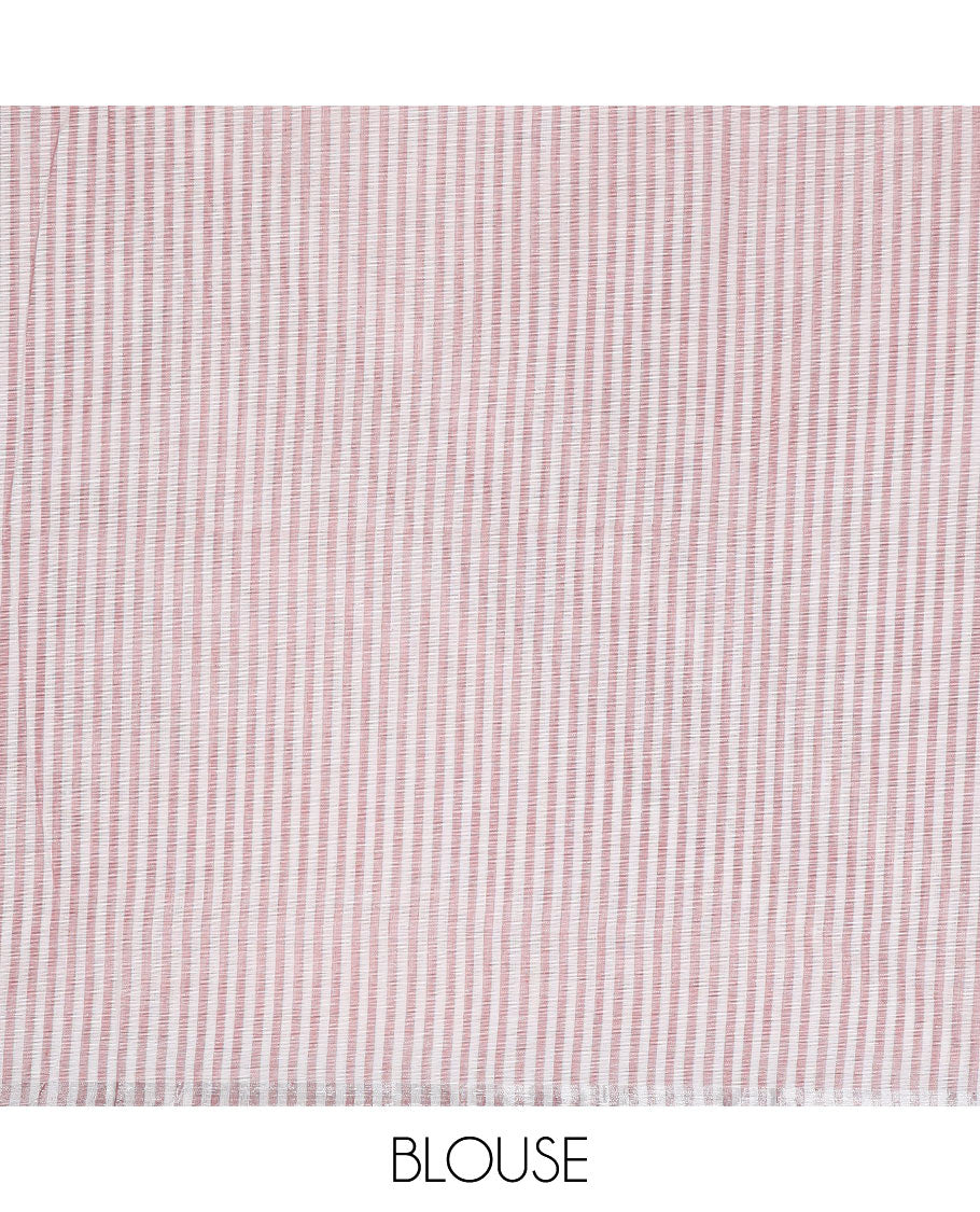 Off-white & rosewood pink striped jute cotton saree, zari border & pallu of stripes