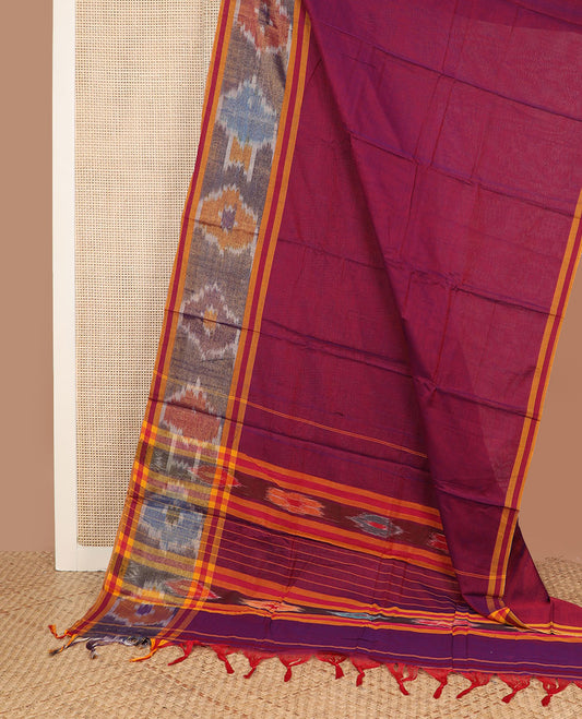 Wine plain Narayanpet cotton saree, contrast ikkat design border & striped pallu