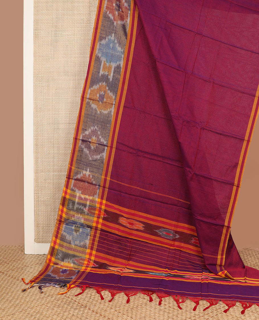 Wine plain Narayanpet cotton saree, contrast ikkat design border & striped pallu