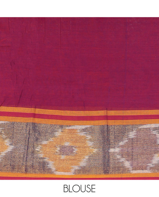 Wine plain Narayanpet cotton saree, contrast ikkat design border & striped pallu