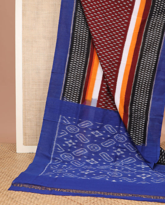 Multi-color buttas Pochampally ikkat saree, contrast plain border, and ikkat design pallu