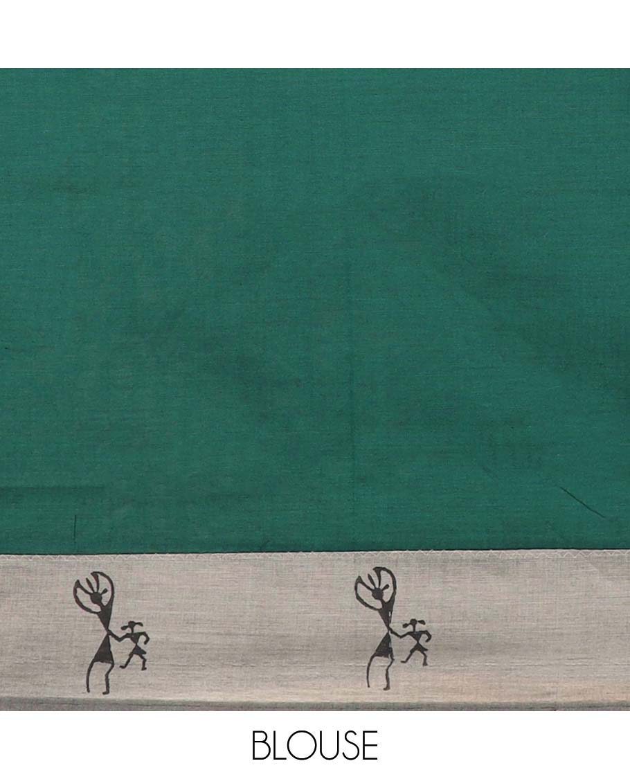 Grey warli motifs printed poly cotton saree, contrast warli motifs border, and buttas enclosed jaal pallu