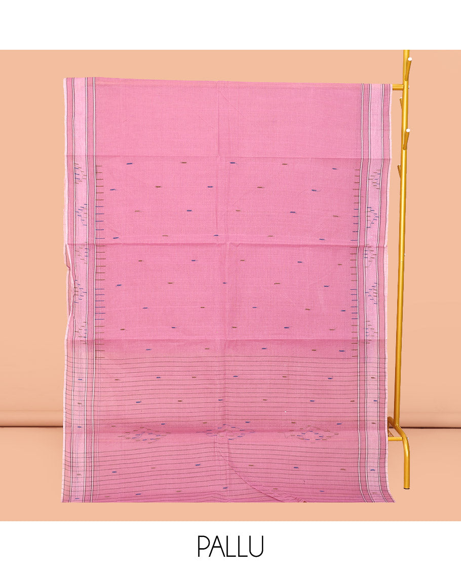 Pink Bengal Cotton Saree, Decked Up with Thread Buttas, a Subtle Border, Pallu of Stripes and Buttas, and a Matching Blouse