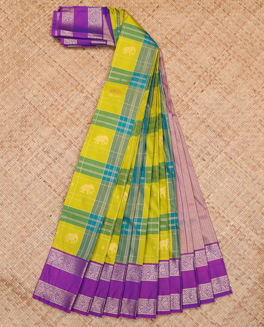 Peacock Green-Blue Checked Budget Silksaree Features Elephant Motifs, Contrast Rettaipettu Border, Contrast Blouse