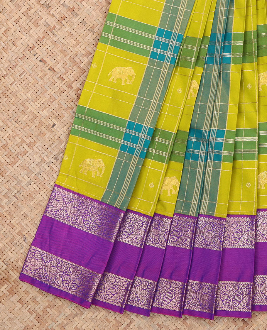 Peacock Green-Blue Checked Budget Silksaree Features Elephant Motifs, Contrast Rettaipettu Border, Contrast Blouse