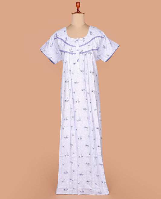 Lavender floral motifs printed with round neck lace work half-sleeve cotton nighty