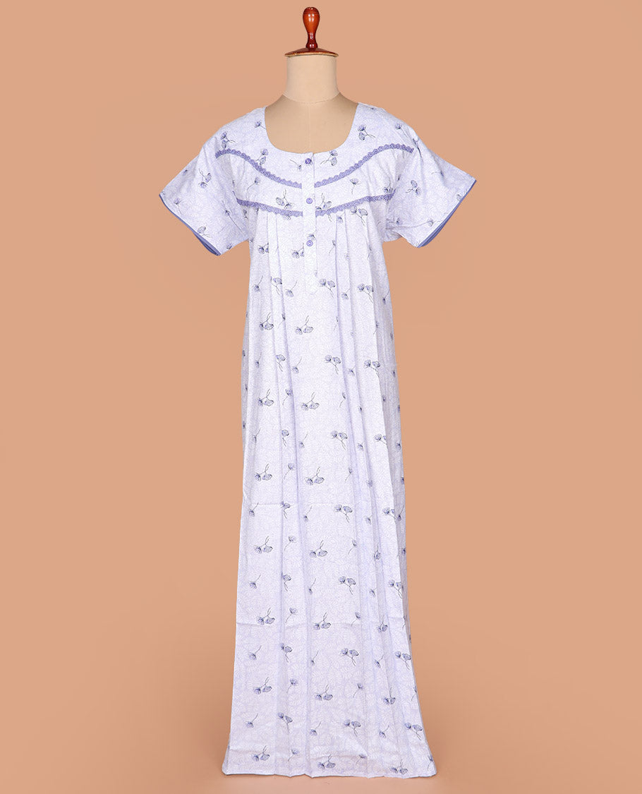 Lavender floral motifs printed with round neck lace work half-sleeve cotton nighty