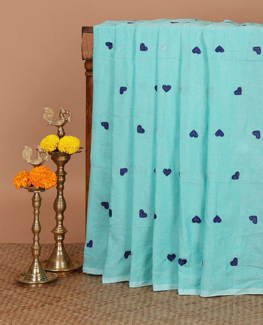 Borderless Ramar blue color heart thread embroidery jute cotton saree with self pallu & plain blouse