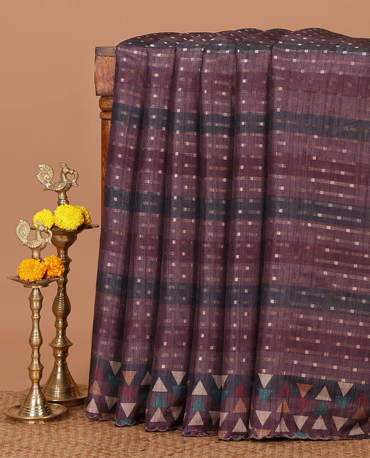 Wine zari dobby-style buttas semi-tusser saree,multi-color triangle motif printed scallop border & pallu with zari striped blouse