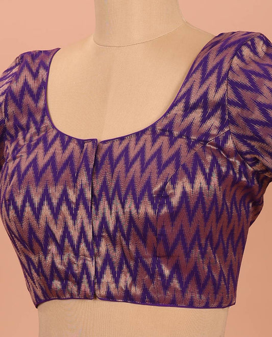 Violet Readymade Blouse Bedecked with Chevron Zari Stripes, Featuring a Front Round-Neck, Back Round-Neck, and Elbow Sleeves