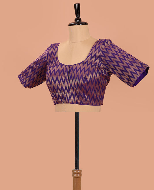 Violet Readymade Blouse Bedecked with Chevron Zari Stripes, Featuring a Front Round-Neck, Back Round-Neck, and Elbow Sleeves