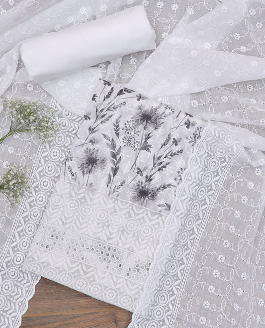 White material chudidar set, floral print with Chickankari style thread embroidered top, plain bottom and thread embroidered dupatta