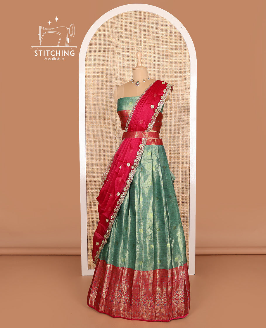 Green art silk half-saree, buttas with contrast traditional zari big bordered skirt, matching blouse, and contrast scallop embroidered dhavani