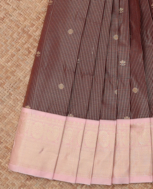 Brown Budget Silk Saree, Dazzled with Zari Buttas and Checks, a Contrast Traditional Zari Border, Grand Pallu, and a Contrast Blouse