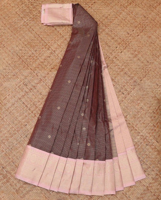 Brown Budget Silk Saree, Dazzled with Zari Buttas and Checks, a Contrast Traditional Zari Border, Grand Pallu, and a Contrast Blouse