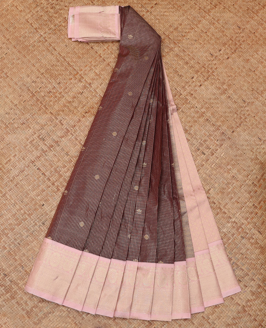 Brown Budget Silk Saree, Dazzled with Zari Buttas and Checks, a Contrast Traditional Zari Border, Grand Pallu, and a Contrast Blouse