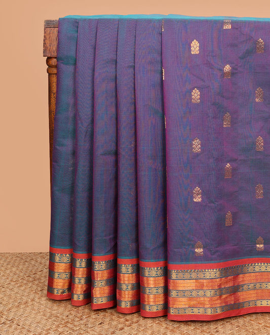 Violet zari buttas Venkatagiri cotton saree, contrast traditional zari border and pallu of zari designs
