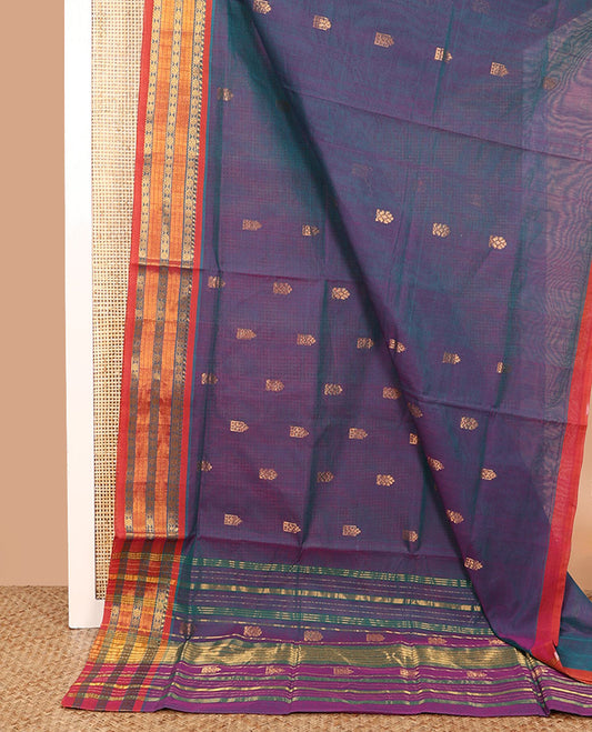 Violet zari buttas Venkatagiri cotton saree, contrast traditional zari border and pallu of zari designs