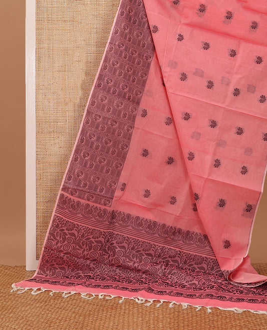 Pink buttas Coimbatore cotton saree, elephant & peacock motifs enclosed checked border & floral design pallu