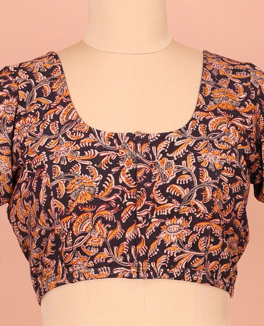 Black Cotton Readymade Enlivened with Floral Vine Design Print, Featuring a Front Round-Neck, a Back Round  Neck, and Elbow Sleeves