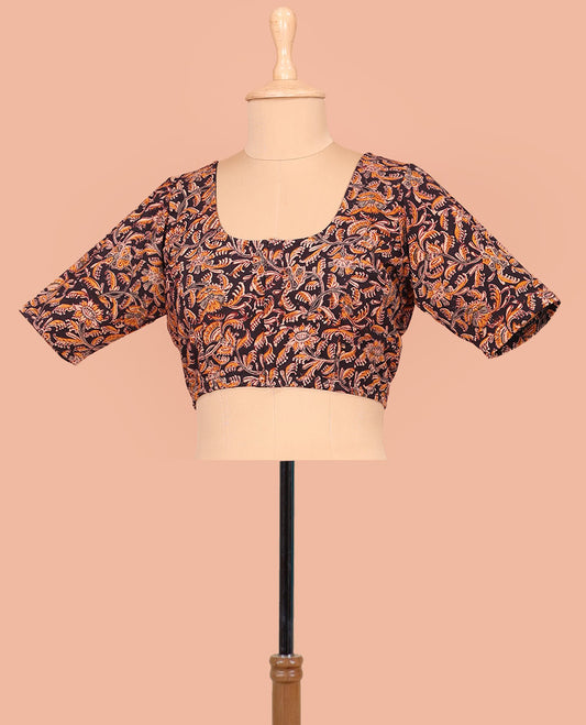 Black Cotton Readymade Enlivened with Floral Vine Design Print, Featuring a Front Round-Neck, a Back Round  Neck, and Elbow Sleeves