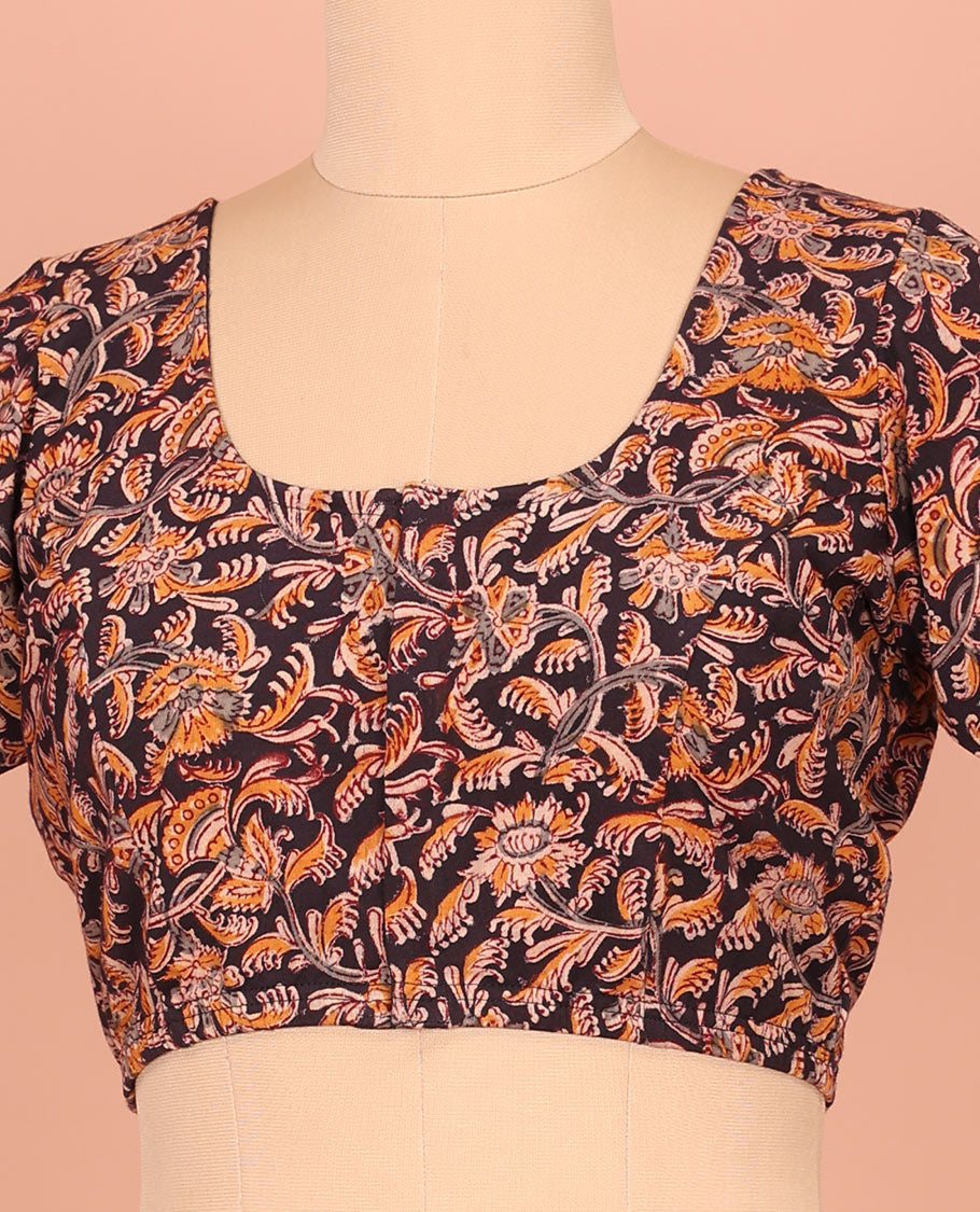 Black Cotton Readymade Enlivened with Floral Vine Design Print, Featuring a Front Round-Neck, a Back Round  Neck, and Elbow Sleeves