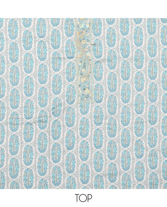 Blue material chudidar set, intricately printed with neck work top, plain bottom, and floral motifs embroidered dupatta