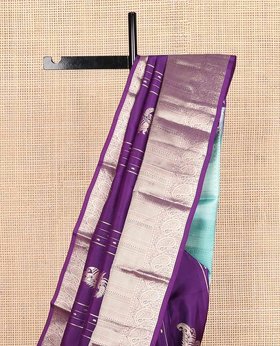 Purple zari design Vasundhara silk mix saree, zari border of thilakam mokku,rudraksham,mayil kann & manga designs & contrast jaal pallu