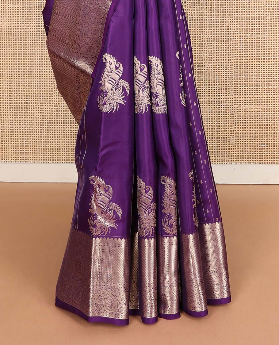 Purple zari design Vasundhara silk mix saree, zari border of thilakam mokku,rudraksham,mayil kann & manga designs & contrast jaal pallu