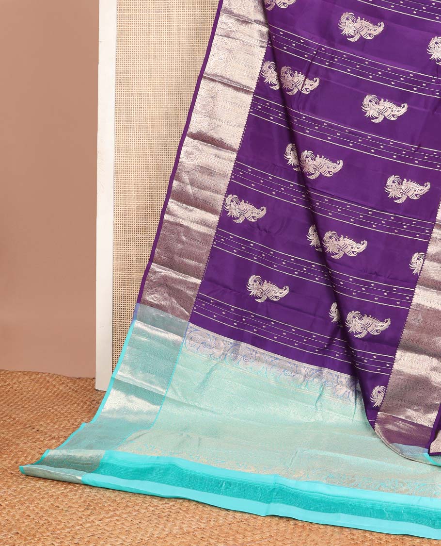 Purple zari design Vasundhara silk mix saree, zari border of thilakam mokku,rudraksham,mayil kann & manga designs & contrast jaal pallu