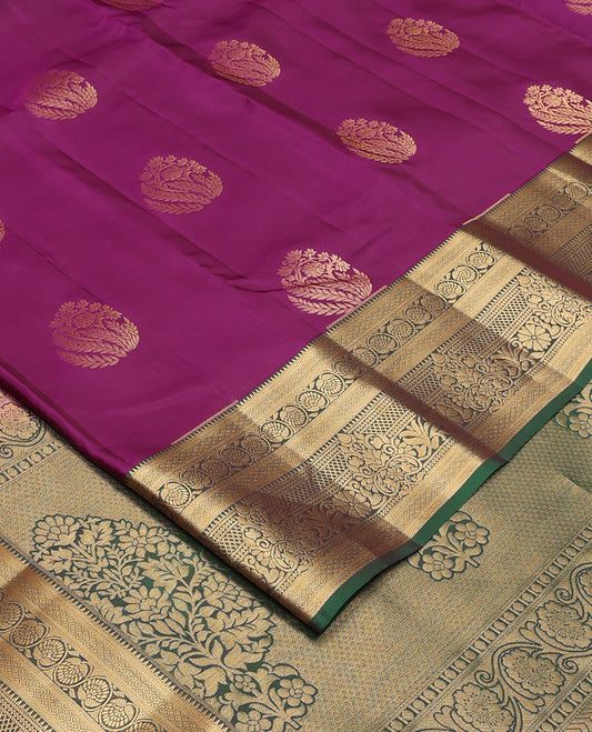 Purple zari buttas Vasundhara silk mix saree, contrast traditional zari design border and pallu of floral pallu