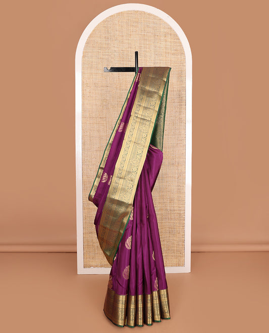 Purple zari buttas Vasundhara silk mix saree, contrast traditional zari design border and pallu of floral pallu