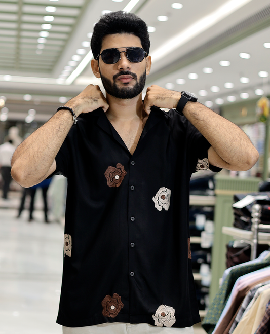 Black Floral Embroidery Cotton-Blended Casual Shirt