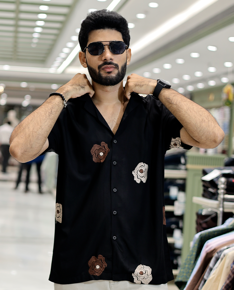 Black Floral Embroidery Cotton-Blended Casual Shirt