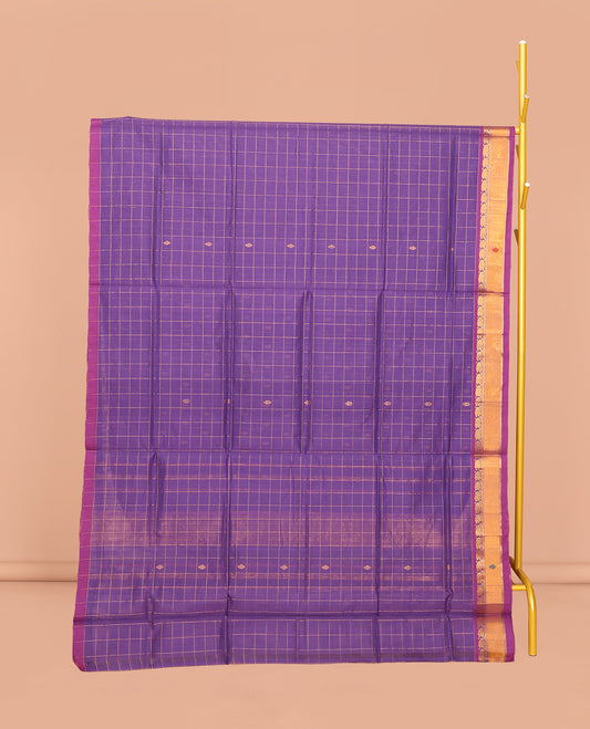 Violet Venkatagiri Cotton Saree, Accentuated with Butta Enclosed Checks, a Contrast Zari-Thread Border, Pallu of Stripes, and No Blouse