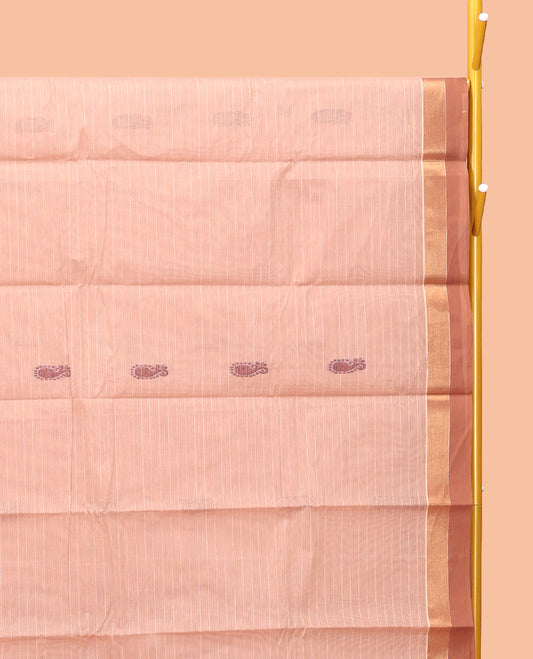 Light Sandal Kanchi Cotton Saree, Woven with Buttas, Complemented by a Contrast Border, Pallu of Ogee Design, and a Matching Blouse