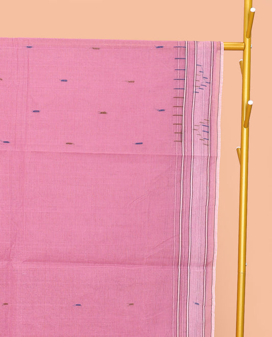 Pink Bengal Cotton Saree, Decked Up with Thread Buttas, a Subtle Border, Pallu of Stripes and Buttas, and a Matching Blouse