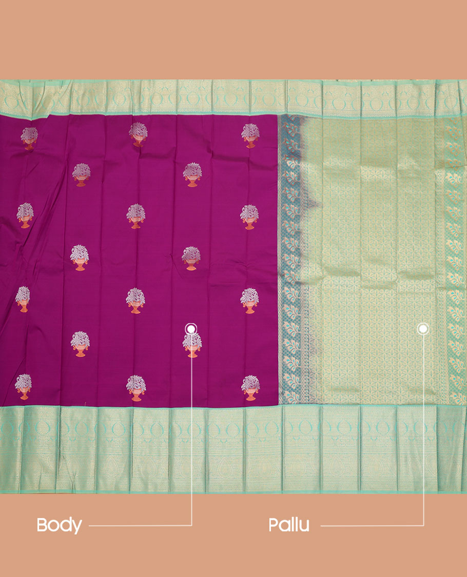 Purple Budget Silk Saree, Prettified with Buttas All Over Its Body, Complemented by a Contrast Traditional Zari Design Border, Intricately Designed Pallu, and Paired with a Contrast Blouse