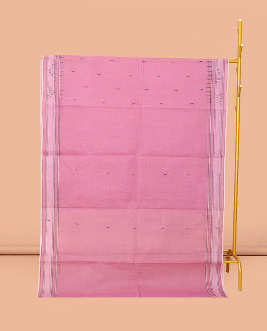 Pink Bengal Cotton Saree, Decked Up with Thread Buttas, a Subtle Border, Pallu of Stripes and Buttas, and a Matching Blouse