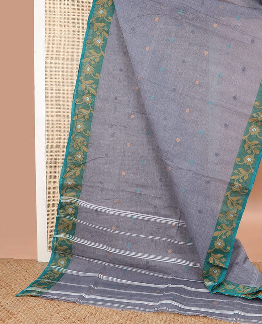 Dark grey floral motifs bengal cotton saree with contrast floral design border & striped, pallu