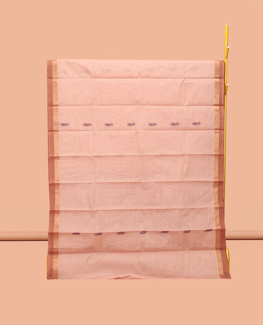 Light Sandal Kanchi Cotton Saree, Woven with Buttas, Complemented by a Contrast Border, Pallu of Ogee Design, and a Matching Blouse