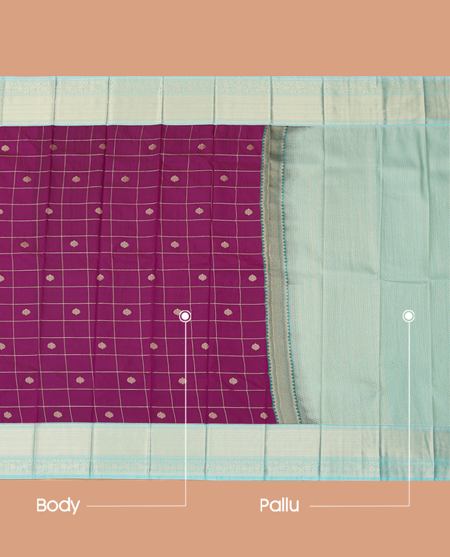 Purple Budget Silk Saree, Enthralled with Checks Enclosed Zari Buttas, Complemented by Contrast Traditional Zari Border, a Grand Jaal Pallu and a Contrast Blouse