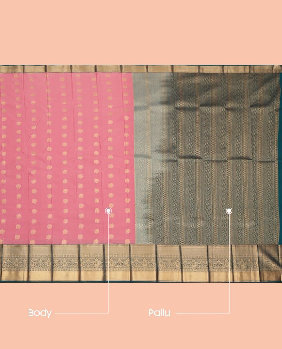 Pink Budget Silk Saree, Gleamed Up with Zari Buttas, Complemented by a Contrast Traditional Zari Rettai Pettu Border, Grand Pallu, and a Contrast Blouse